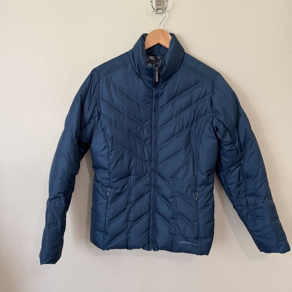 Eddie Bauer Goose Down Puffer Jacket Womens S Blue Quilted Chevron Premium